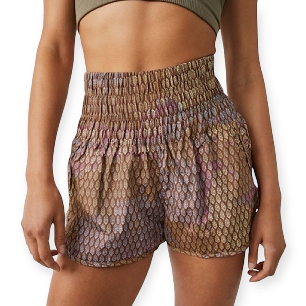 High-Waist Smocked Waist Brown Patterned Women’s Shorts